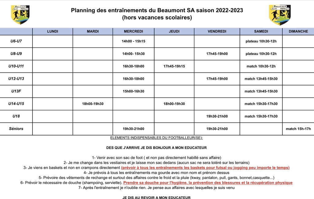Planning des entraînements saison 2022/2023 ( hors vacances scolaires)