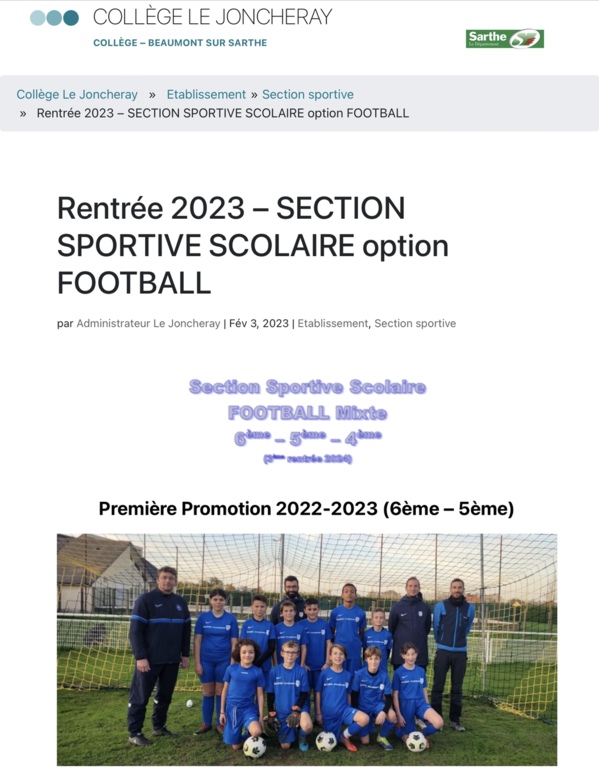 Rentrée 2023/2024 Section Sportive Scolaire option Football 