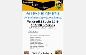 Assemblée Générale du Beaumont SA vendredi 21 juin 2019 à 19H
