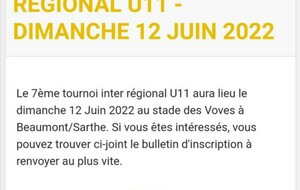 Tournoi Inter-régional U9 / U11 samedi et dimanche 11/12 juin 2021 au stade des Voves. Voici quelques-unes des équipes s’étant déjà engagées :  SCO d’Angers, Le Mans FC, ASPTT Caen, US Alençon, Brequigny Rennes, Stade Mayennais, Trelazé, Le Mans Villaret,