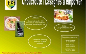 Choucroute/Lasagnes à emporter samedi 12 mars 2022