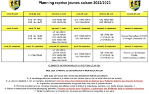 Planning reprise jeunes saison 2022/2023