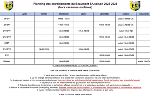 Planning des entraînements hors périodes scolaires saison 2022/2023.