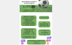 Prochain LOTO du Beaumont Sports Athlétiques : SAMEDI 10 FÉVRIER 2024 Salle loisirs et culture de Beaumont S/S à 20H.