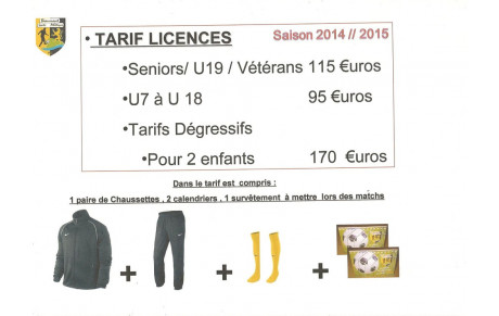 Tarif des Licences Saison 2014-2015
