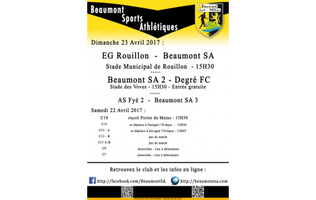 Agenda Sportif : 22/23 Avril 2017