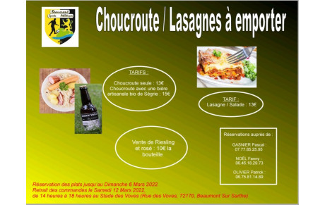 Choucroute/Lasagnes à emporter samedi 12 mars 2022