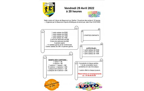 Loto organisé par le Beaumont SA vendredi 29 avril 2022 à 20H salle loisirs et culture de Beaumont.