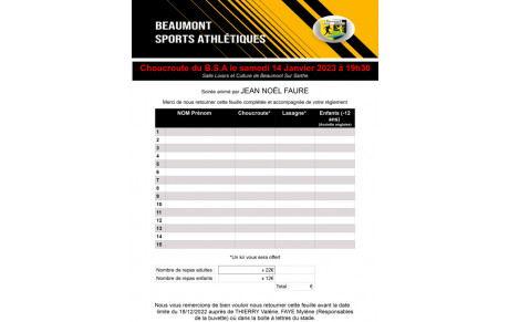 Bulletin d'inscription pour la soirée choucroute.