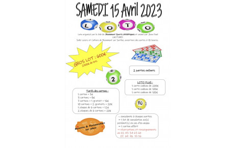 Prochain Loto : Samedi 15 Avril 2023 Salle Loisirs et Culture de Beaumont S/S à 20H.